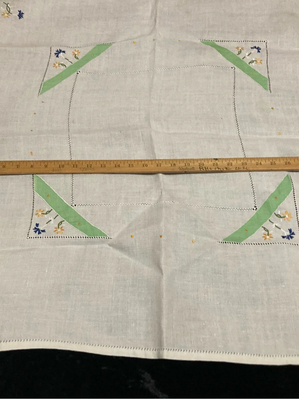 Embroidered Linen Hand Appliqué Tablecloth  Green Accents 33 inches square
